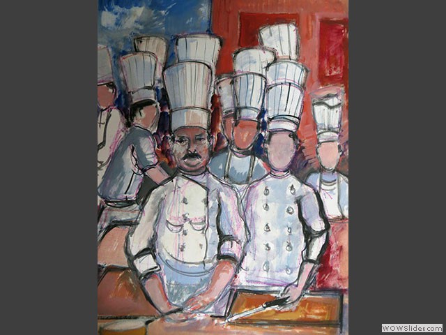 11-N878-Aquarelle-Les-cuisiniers-chez-Troisgros-1987-50x65